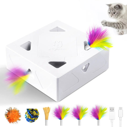 Migipaws Interactive Cat Toy -Migibox without Popskin, Puzzle Toy for Indoor Bored Cats, Automatic Pop Out Feathers from 7 Holes Randomly, Motion Activated, USB Rechargeable