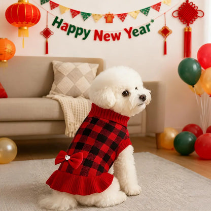 1Pc Adorable Christmas Red Check Dog Sweater Dress with Bow for Small Dogs Winter Warm Dog Turtleneck Sweater Soft Puppy Knitwear Clothes Cute Doggie Dresses for Teacup Dog Yorkie Chihuahua Poodle