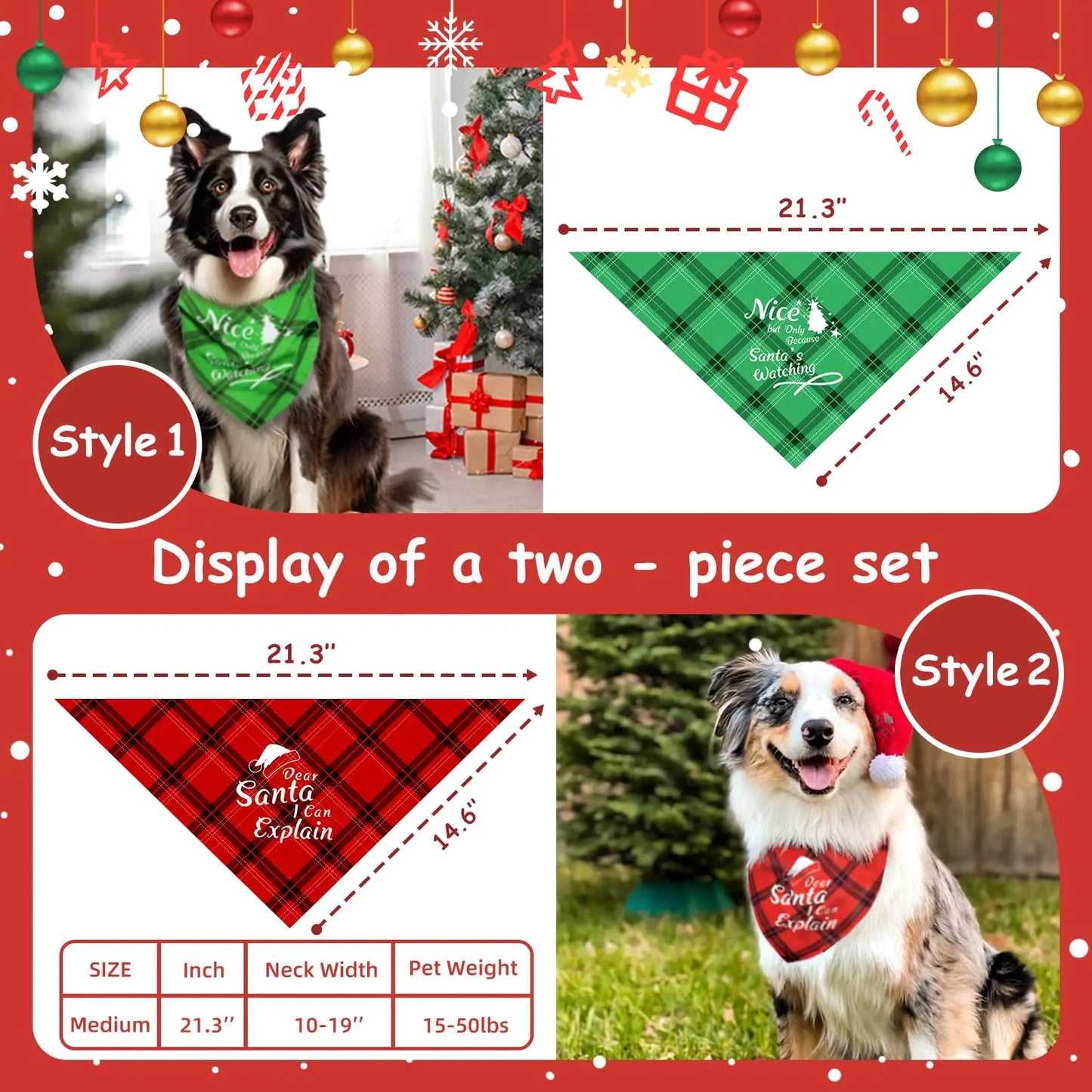 Christmas Dog Bandanas Funny, Dog Christmas Scarf 2 Packs, Pets Christmas Plaid Décor for Medium Large Dogs