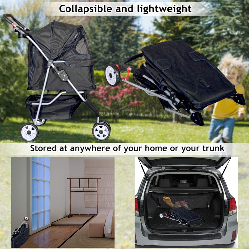 3-Wheel Foldable Pet Stroller for Small Dogs & Cats, Black