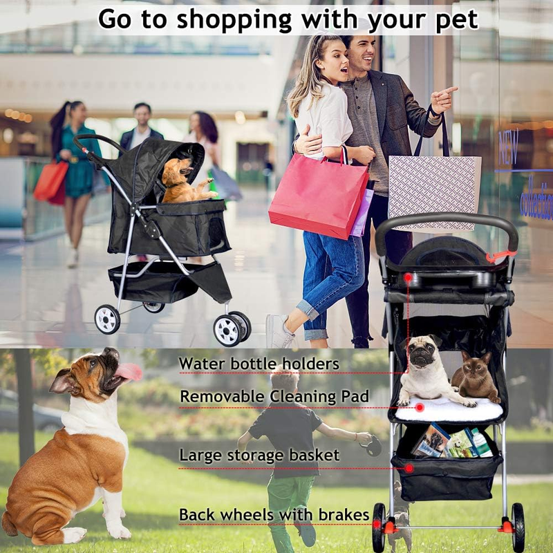 3-Wheel Foldable Pet Stroller for Small Dogs & Cats, Black