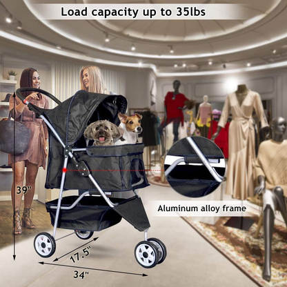 3-Wheel Foldable Pet Stroller for Small Dogs & Cats, Black