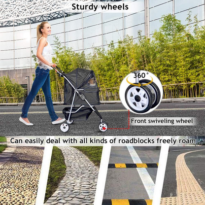 3-Wheel Foldable Pet Stroller for Small Dogs & Cats, Black