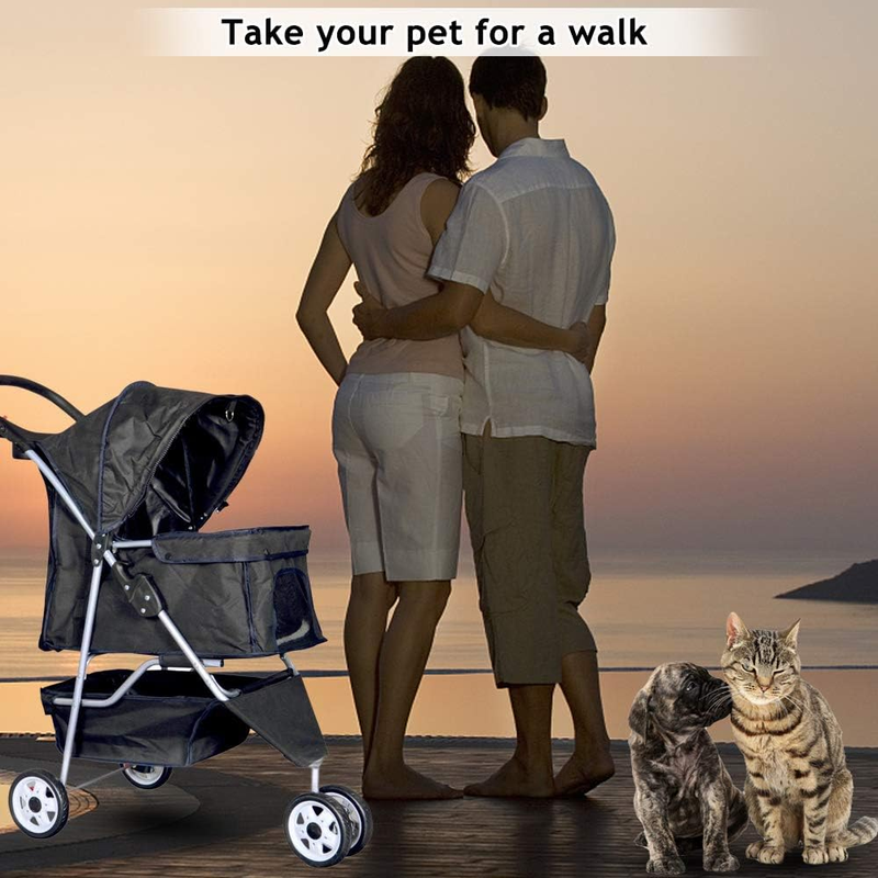 3-Wheel Foldable Pet Stroller for Small Dogs & Cats, Black