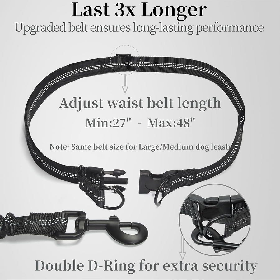 Hands-Free Dog Leash with Zipper Pouch & Bungee, Medium Black