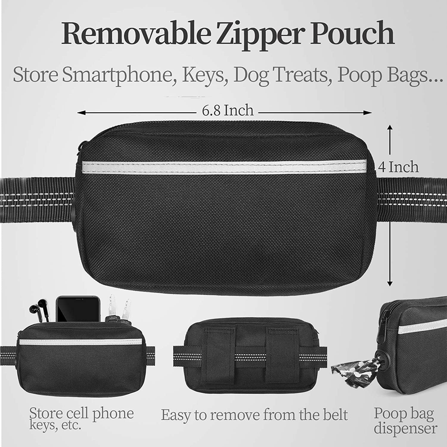 Hands-Free Dog Leash with Zipper Pouch & Bungee, Medium Black