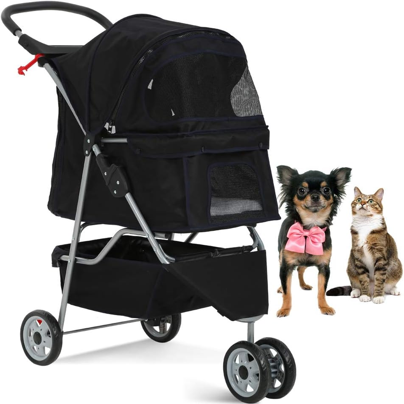 3-Wheel Foldable Pet Stroller for Small Dogs & Cats, Black