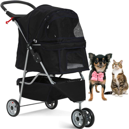 3-Wheel Foldable Pet Stroller for Small Dogs & Cats, Black