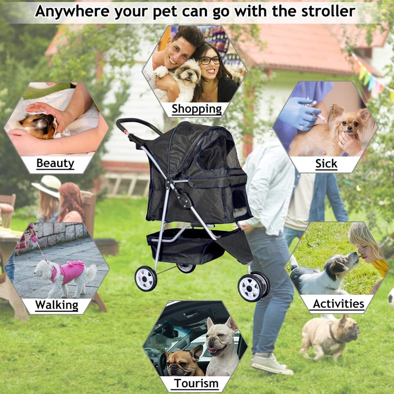 3-Wheel Foldable Pet Stroller for Small Dogs & Cats, Black