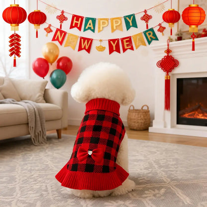 1Pc Adorable Christmas Red Check Dog Sweater Dress with Bow for Small Dogs Winter Warm Dog Turtleneck Sweater Soft Puppy Knitwear Clothes Cute Doggie Dresses for Teacup Dog Yorkie Chihuahua Poodle