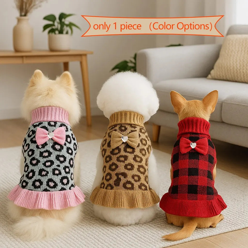 1Pc Adorable Christmas Red Check Dog Sweater Dress with Bow for Small Dogs Winter Warm Dog Turtleneck Sweater Soft Puppy Knitwear Clothes Cute Doggie Dresses for Teacup Dog Yorkie Chihuahua Poodle