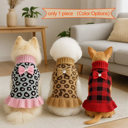 1Pc Adorable Christmas Red Check Dog Sweater Dress with Bow for Small Dogs Winter Warm Dog Turtleneck Sweater Soft Puppy Knitwear Clothes Cute Doggie Dresses for Teacup Dog Yorkie Chihuahua Poodle