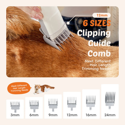 Pet Grooming Vacuum Kit with Cordless Low Noise Dog Clippers, 2.5L Cup, 3 Suction Modes, and 5 Groomer Tools, Hair Trimmer