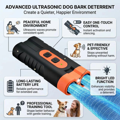 Ultrasonic Dog Barking Deterrent Training Tool - Usb-Rechargeable, Dual Emitters, 50Ft Range, 25Khz Frequency, Flashlight, Portable Grip, Kit Included for Indoor & Outdoor Dog Behavior Control