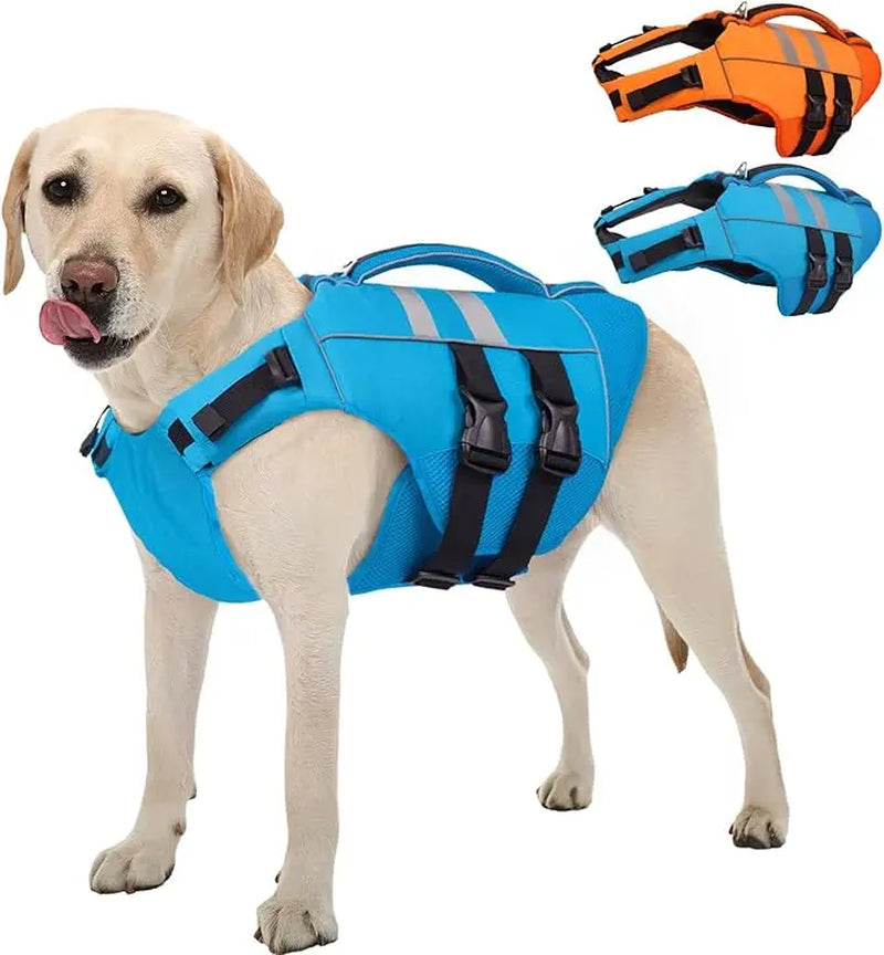Kuoser Dog Life Jacket Large, High Flotation Puppy Safety Vest for Swimming Boating, Reflective Water Vest Pet Life Preserver with Rescue Handle