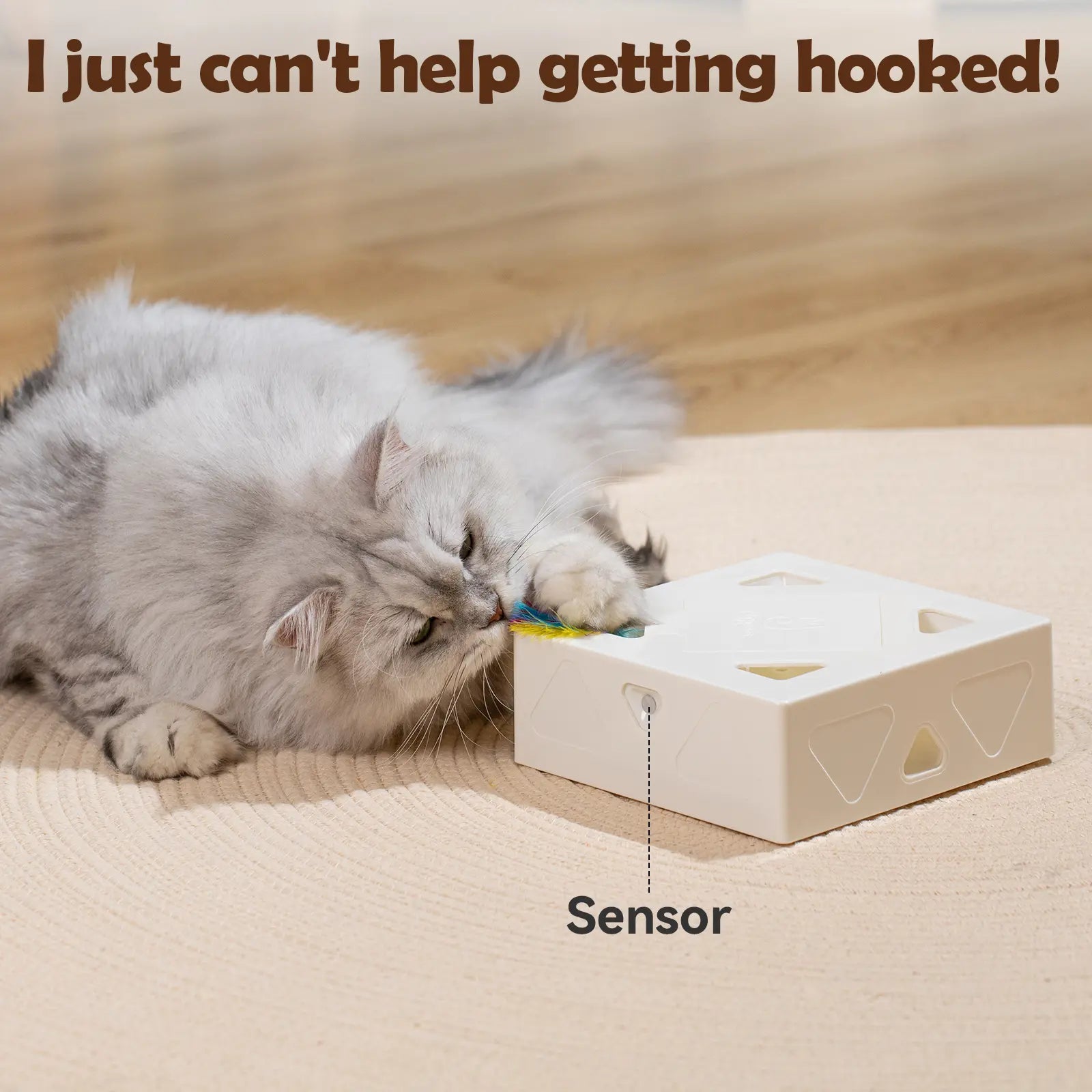 Migipaws Interactive Cat Toy -Migibox without Popskin, Puzzle Toy for Indoor Bored Cats, Automatic Pop Out Feathers from 7 Holes Randomly, Motion Activated, USB Rechargeable