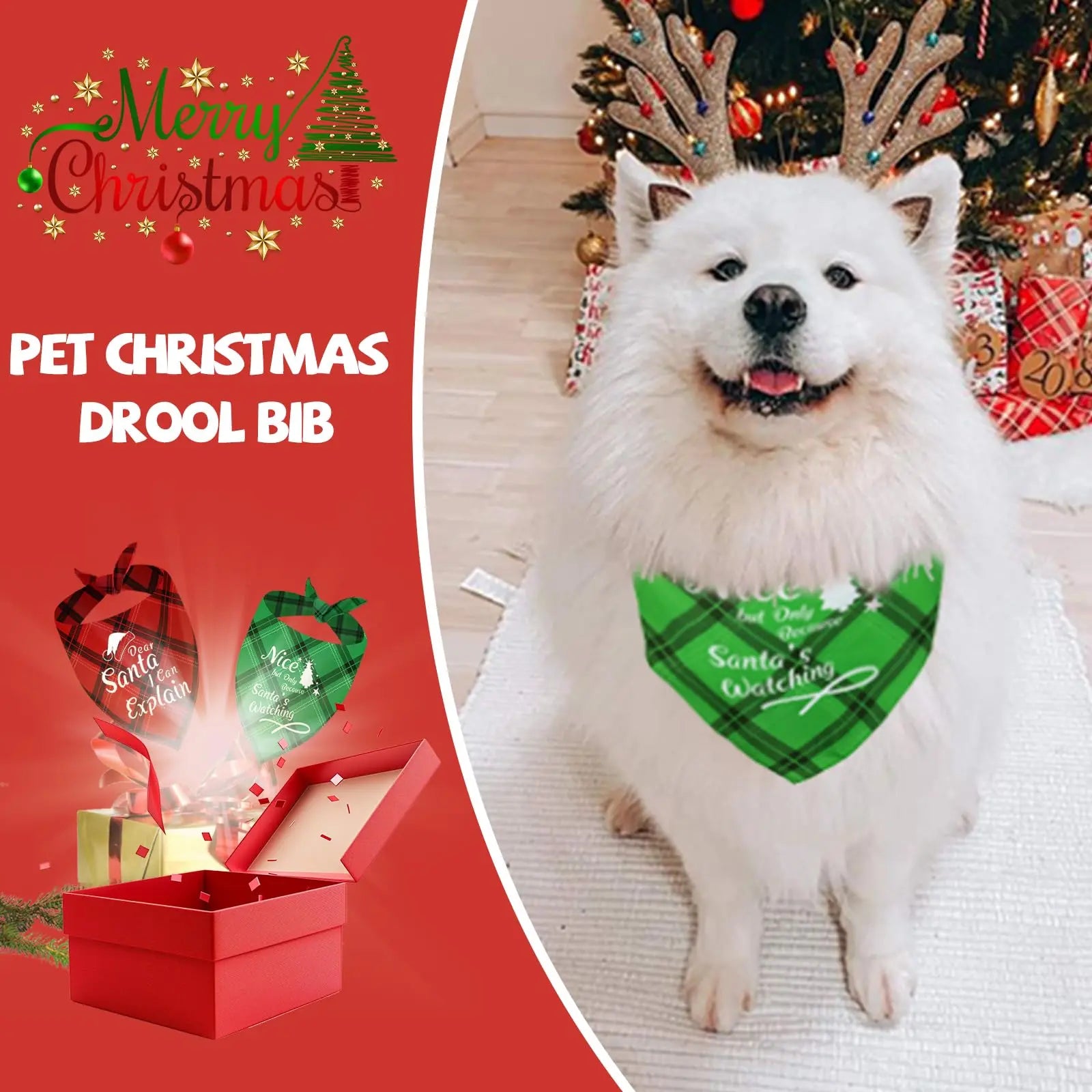 Christmas Dog Bandanas Funny, Dog Christmas Scarf 2 Packs, Pets Christmas Plaid Décor for Medium Large Dogs