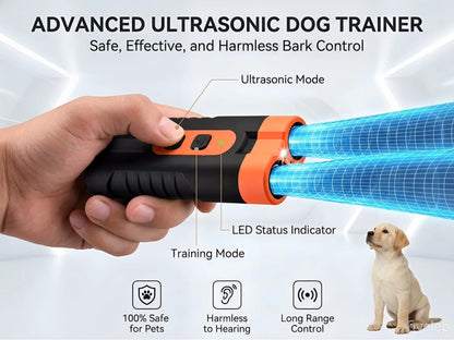 Ultrasonic Dog Barking Deterrent Training Tool - Usb-Rechargeable, Dual Emitters, 50Ft Range, 25Khz Frequency, Flashlight, Portable Grip, Kit Included for Indoor & Outdoor Dog Behavior Control