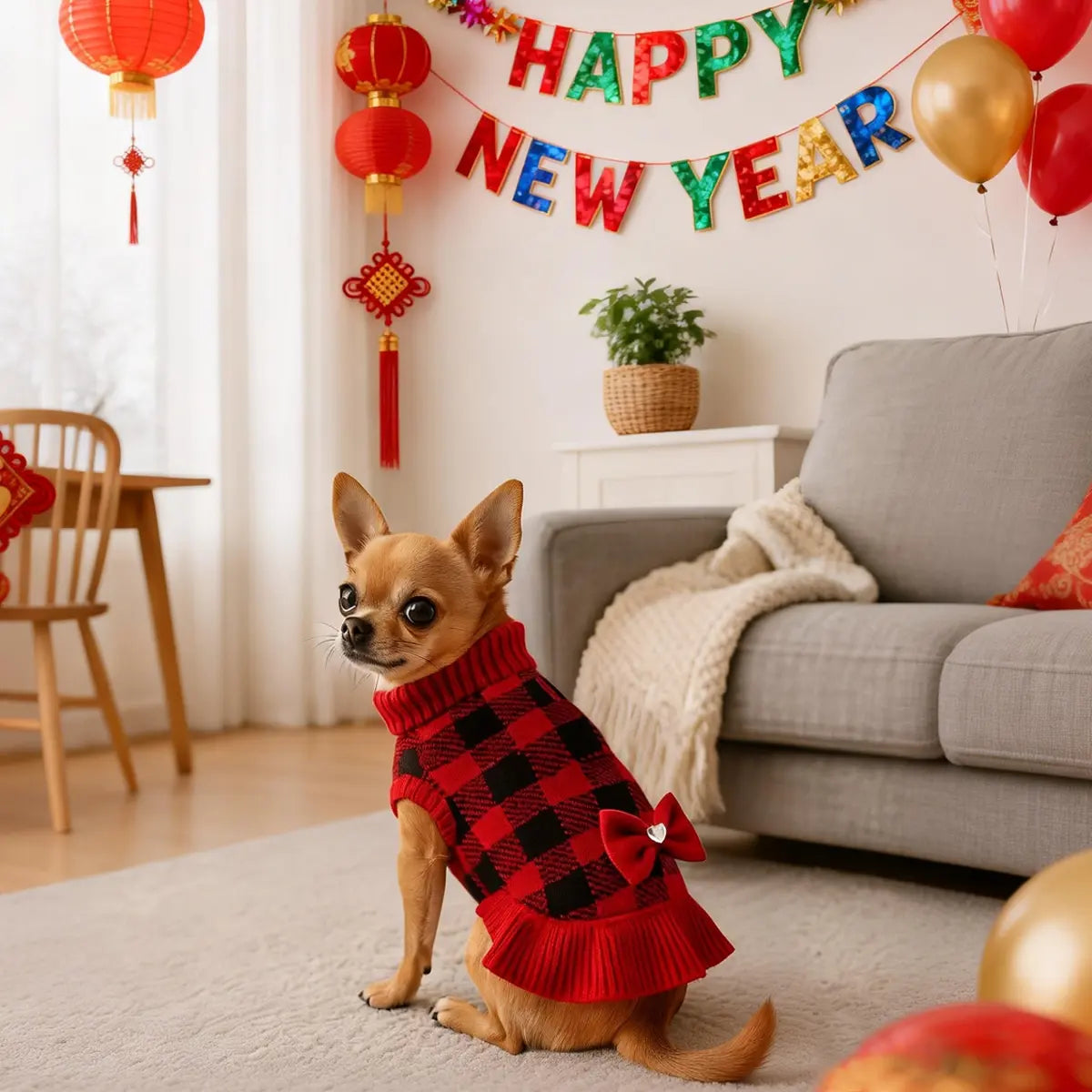1Pc Adorable Christmas Red Check Dog Sweater Dress with Bow for Small Dogs Winter Warm Dog Turtleneck Sweater Soft Puppy Knitwear Clothes Cute Doggie Dresses for Teacup Dog Yorkie Chihuahua Poodle