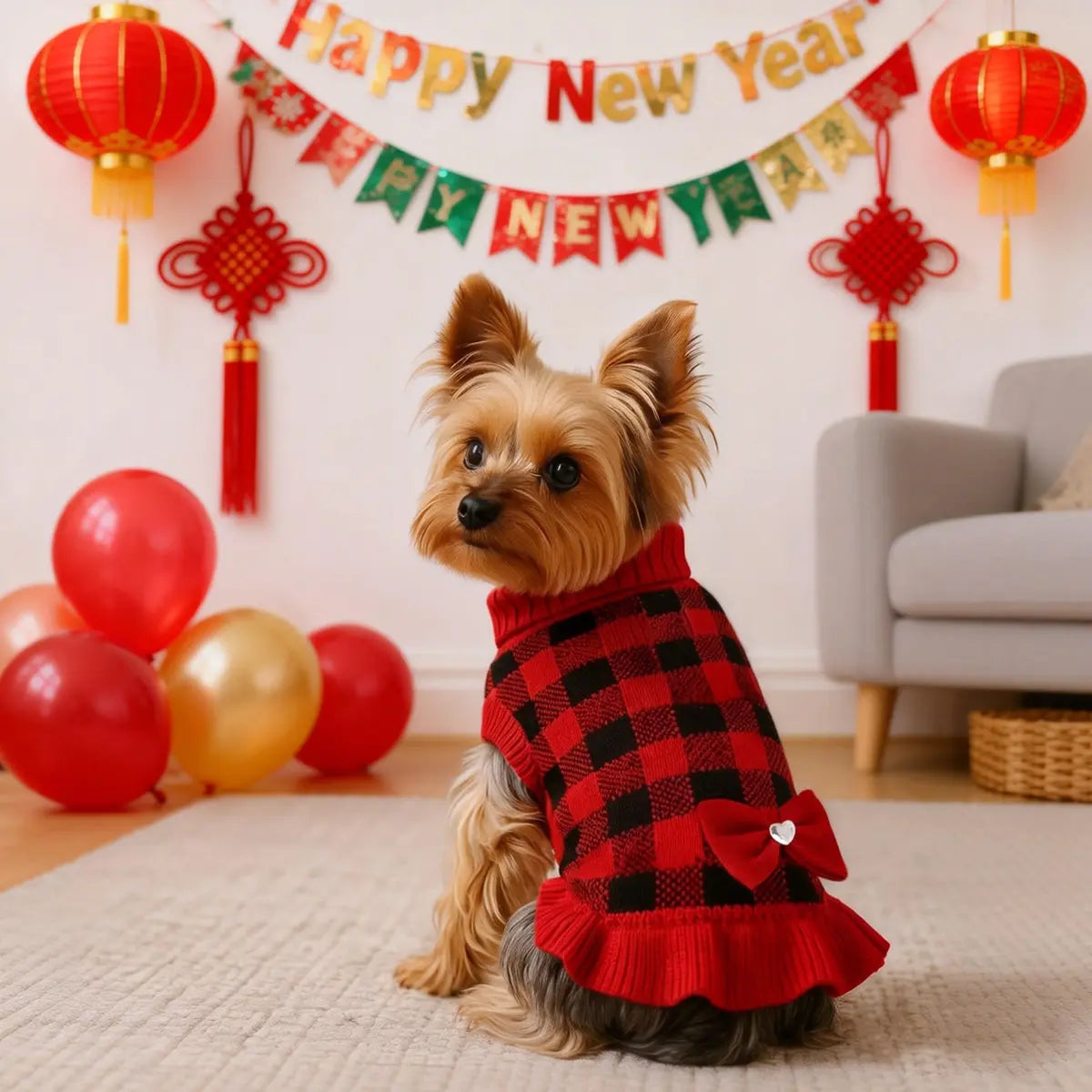 1Pc Adorable Christmas Red Check Dog Sweater Dress with Bow for Small Dogs Winter Warm Dog Turtleneck Sweater Soft Puppy Knitwear Clothes Cute Doggie Dresses for Teacup Dog Yorkie Chihuahua Poodle